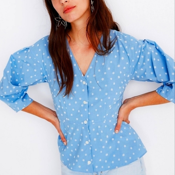 Madewell Inkspot Blue Polka Florentine Peplum Top 12 - Picture 1 of 6